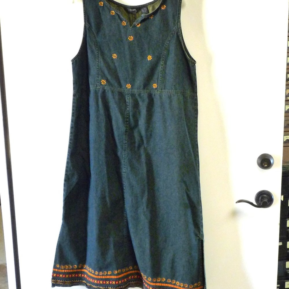 AS920 embroidered denim jumper dress L boho green midi jean